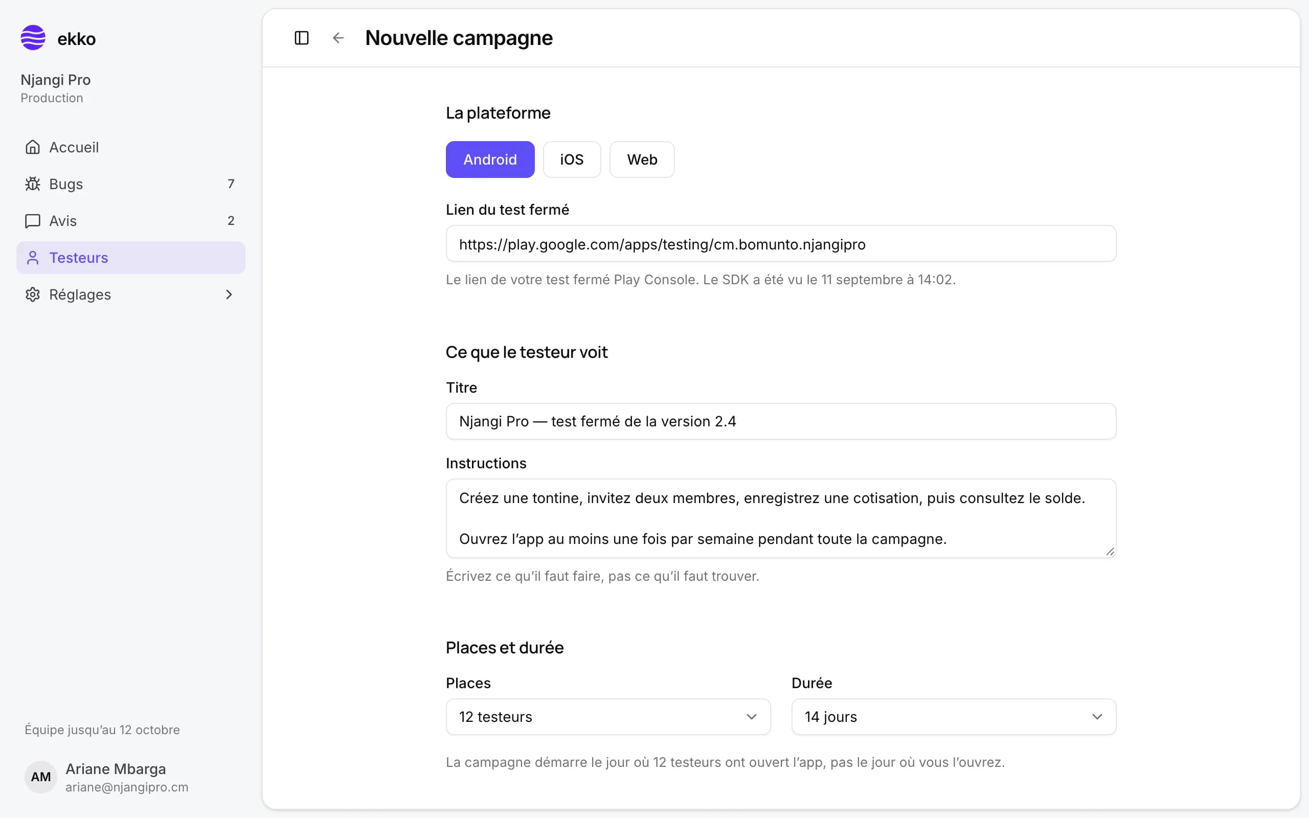L’écran de création d’une campagne ekko : la plateforme, le lien du test fermé, et le SDK vu dans l’app