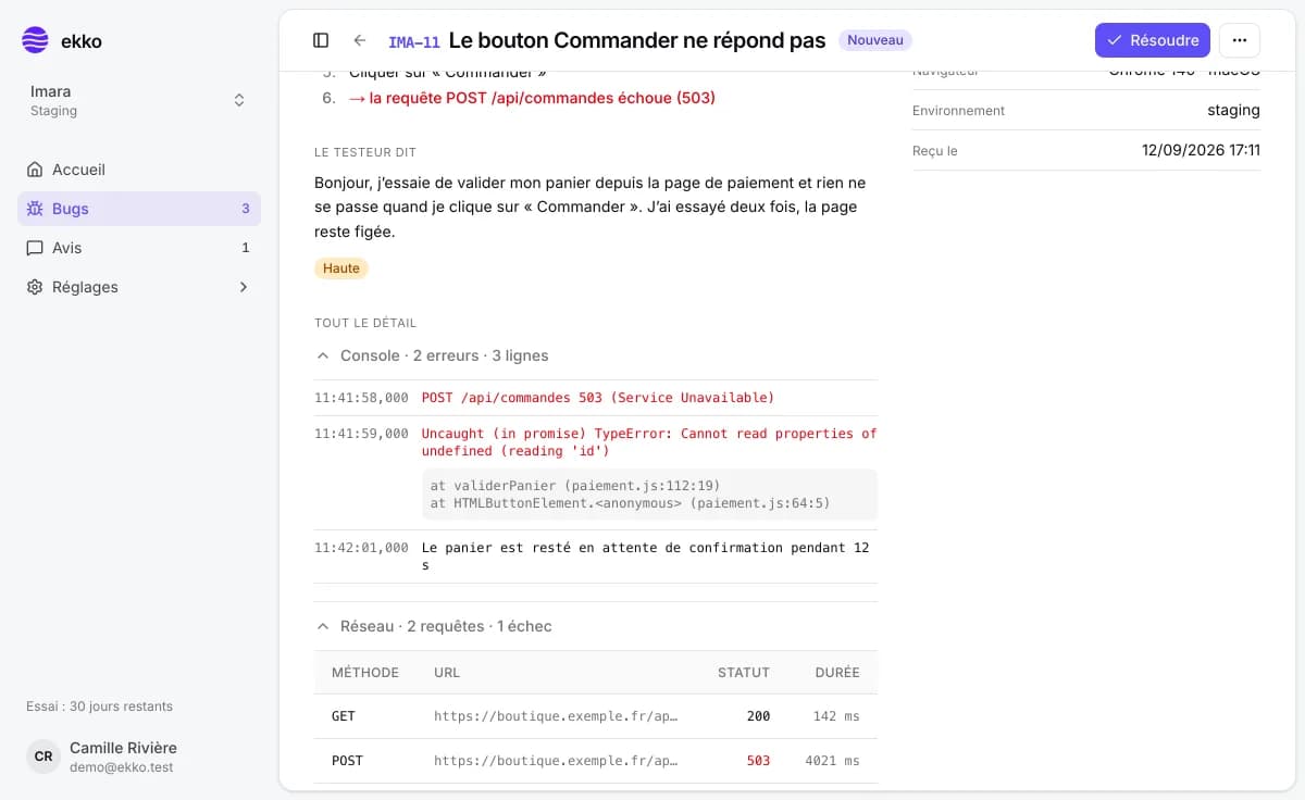 Une fiche de bug ekko complète : ce que le testeur raconte, la gravité, la console et les requêtes réseau
