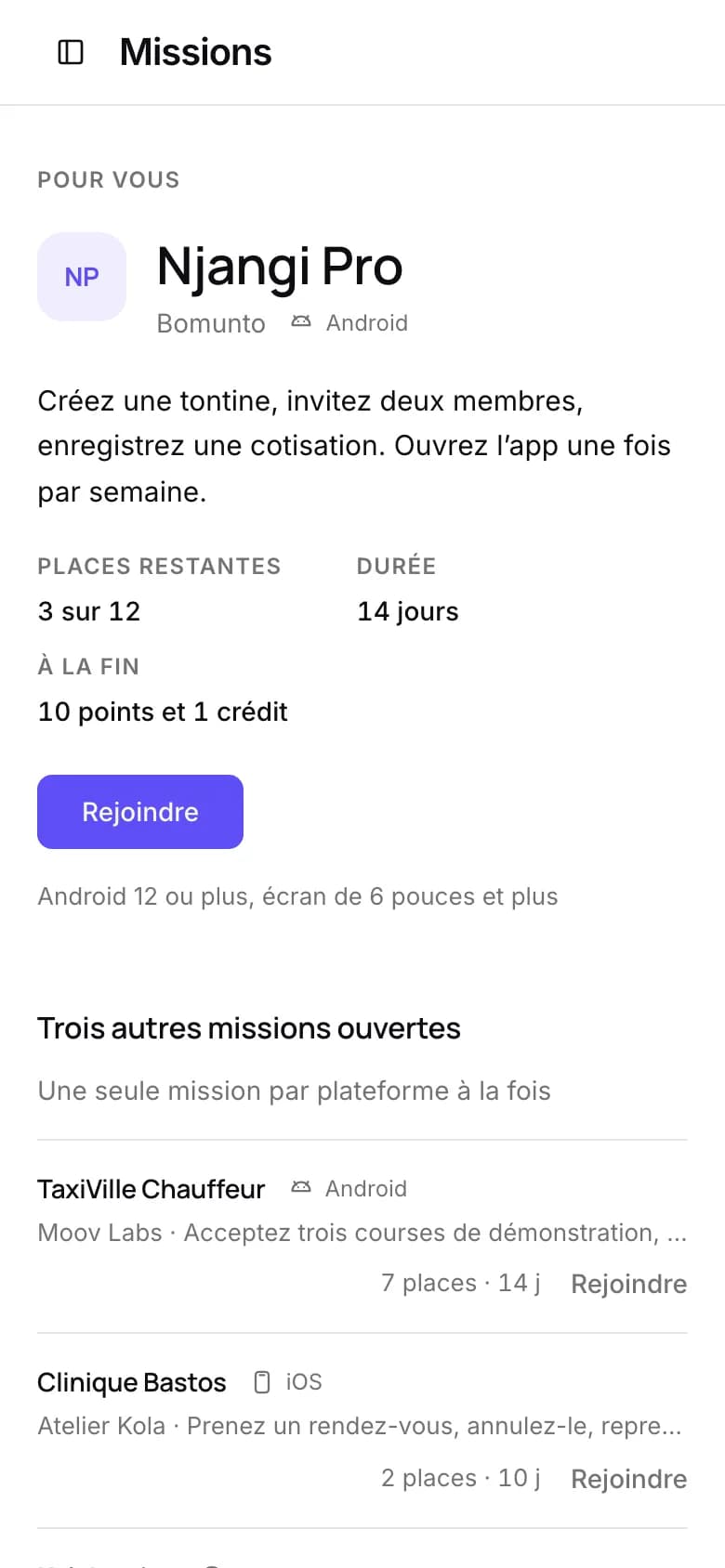 L’écran Missions d’un testeur ekko